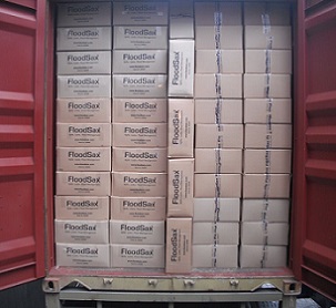Boxes of FloodSax packed into a lorry. Each FloodSax contains 20 FloodSax and there are 30,000 FloodSax on this one vehicle.