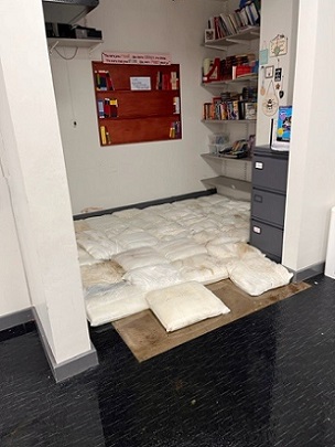 FloodSax alternative sandbags soaking up floodwater at a school in Huddersfield, West Yorkshire