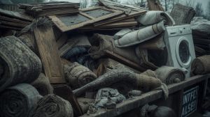 Flood damaged household items in a skip